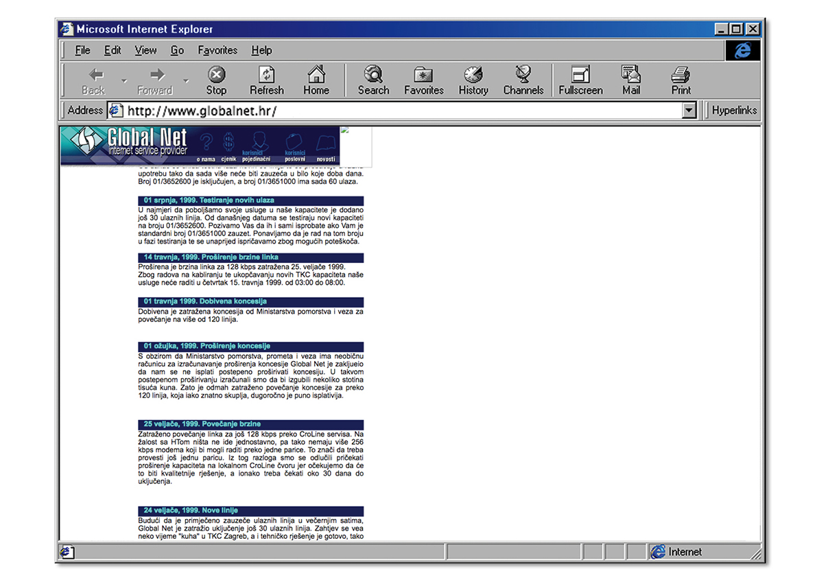 Global Net: Novosti iz 1999. na stranicama internetskog providera tvrtke Global Net. (1999.)