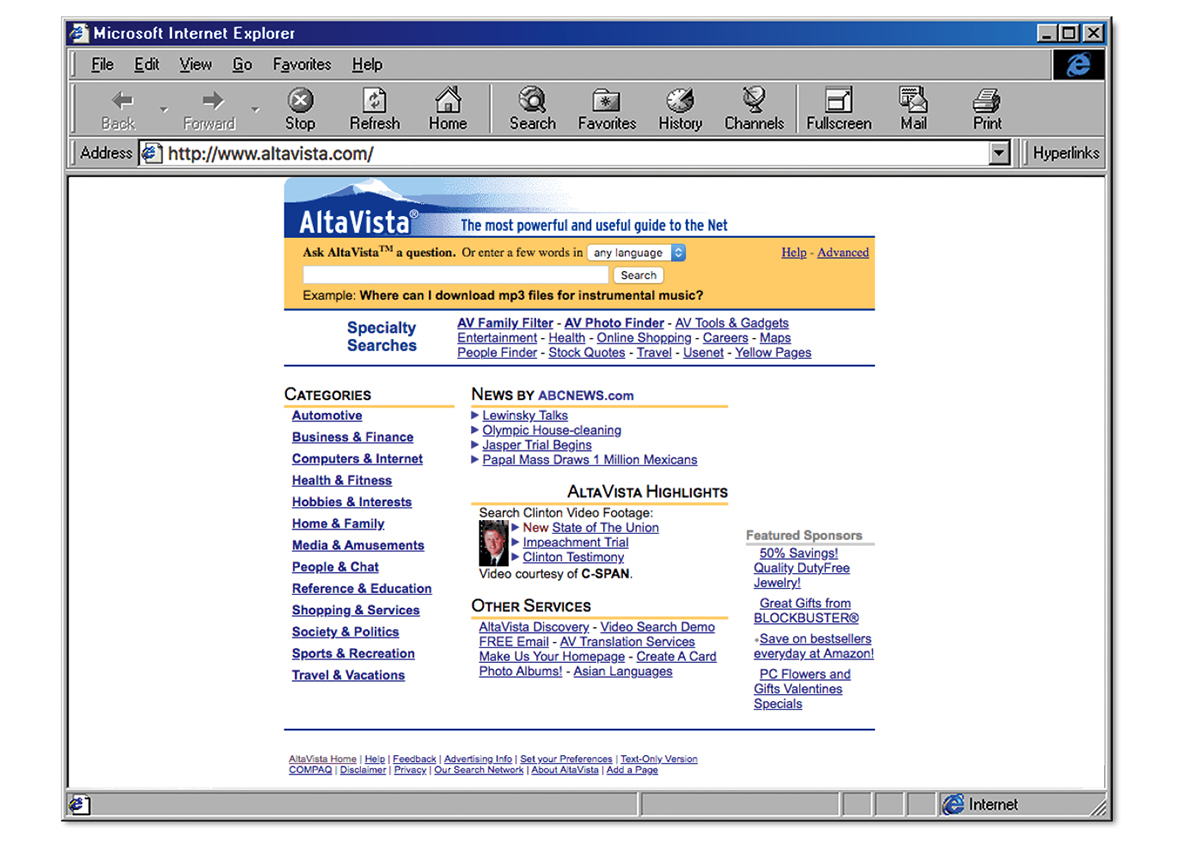 Pretraživanje prije Google-a: AltaVista: AltaVista (rođ. 1995.) bila je najpopularniji pretraživač među zadarskim korisnicima interneta neposredno prije pojave Google-a. Algoritmi pretraživanja bili su nesavršeni, nalazi su bili mnogobrojni, a za snalaženje u rezultatima pretrage bilo je potrebno vrijeme i strpljenje. Jednom kad se pojavio (od 1998. godine), Google je cijelu stvar okrenuo naglavačke. AltaVistu kupio je Yahoo! 2003. godine, a ugašena je 2013. (1999.)