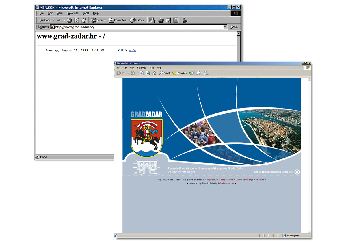 Informatizacija Grada: Tijekom 1999. na internetu je bilo vidljivo da Grad Zadar kreće s izradom vlastite web-stranice. Informacija o zauzetoj domeni i web-stranica pružatelja usluge hostinga bile su vidljive do pojave prve web stranice Grada (listopad 2003. godine), načinjene u Flash-u, tada popularnoj tehnologiji izrade prezentacijskih web-stranica. (2003.)