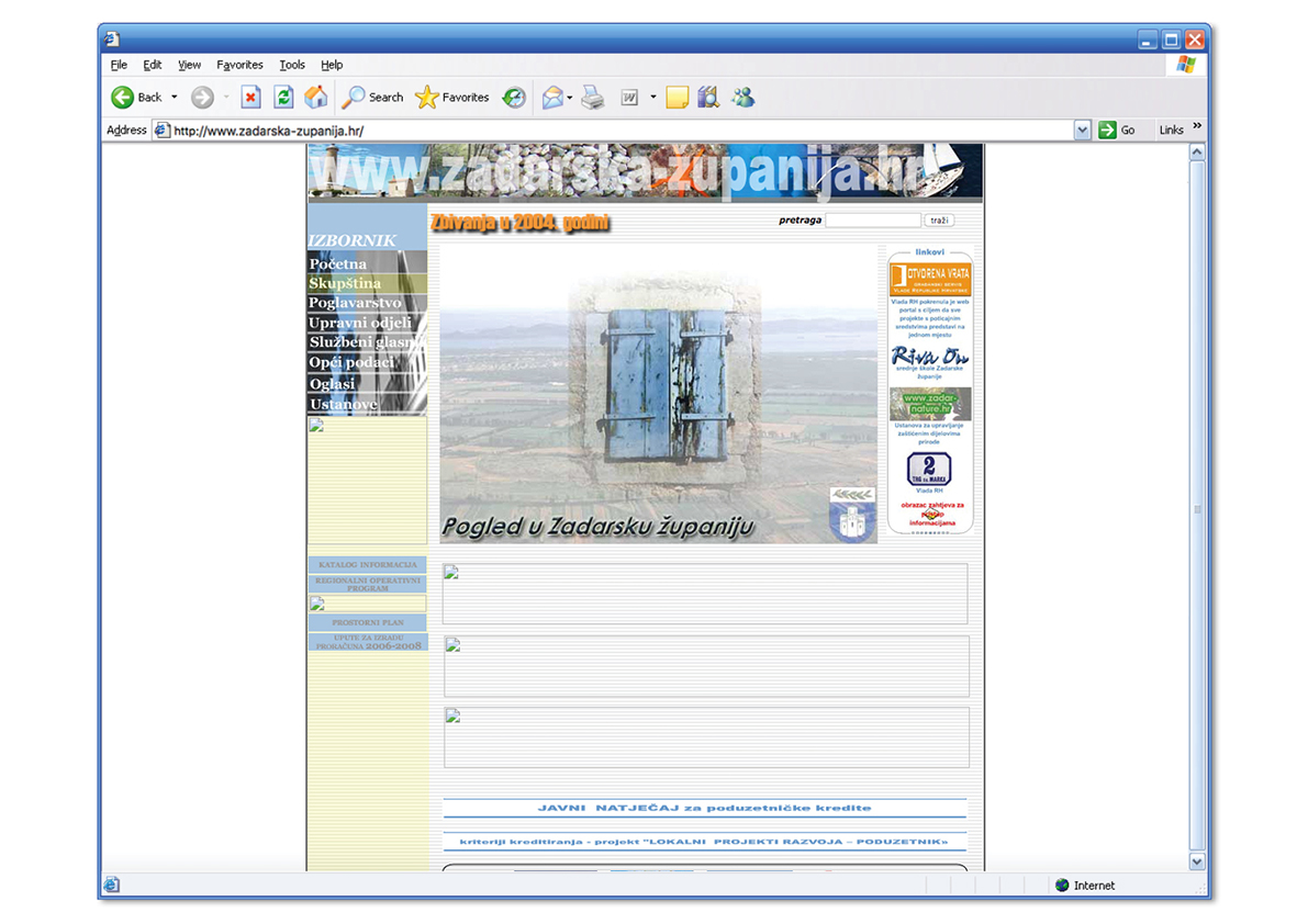 Informatizacija Županije Zadarska županija registrirala je svoju domenu 2001. godine, a prve stranice postavlja 2002. godine.: Ovdje donosimo njihov djelomično sačuvan izgled iz 2005. godine. (2005.)
