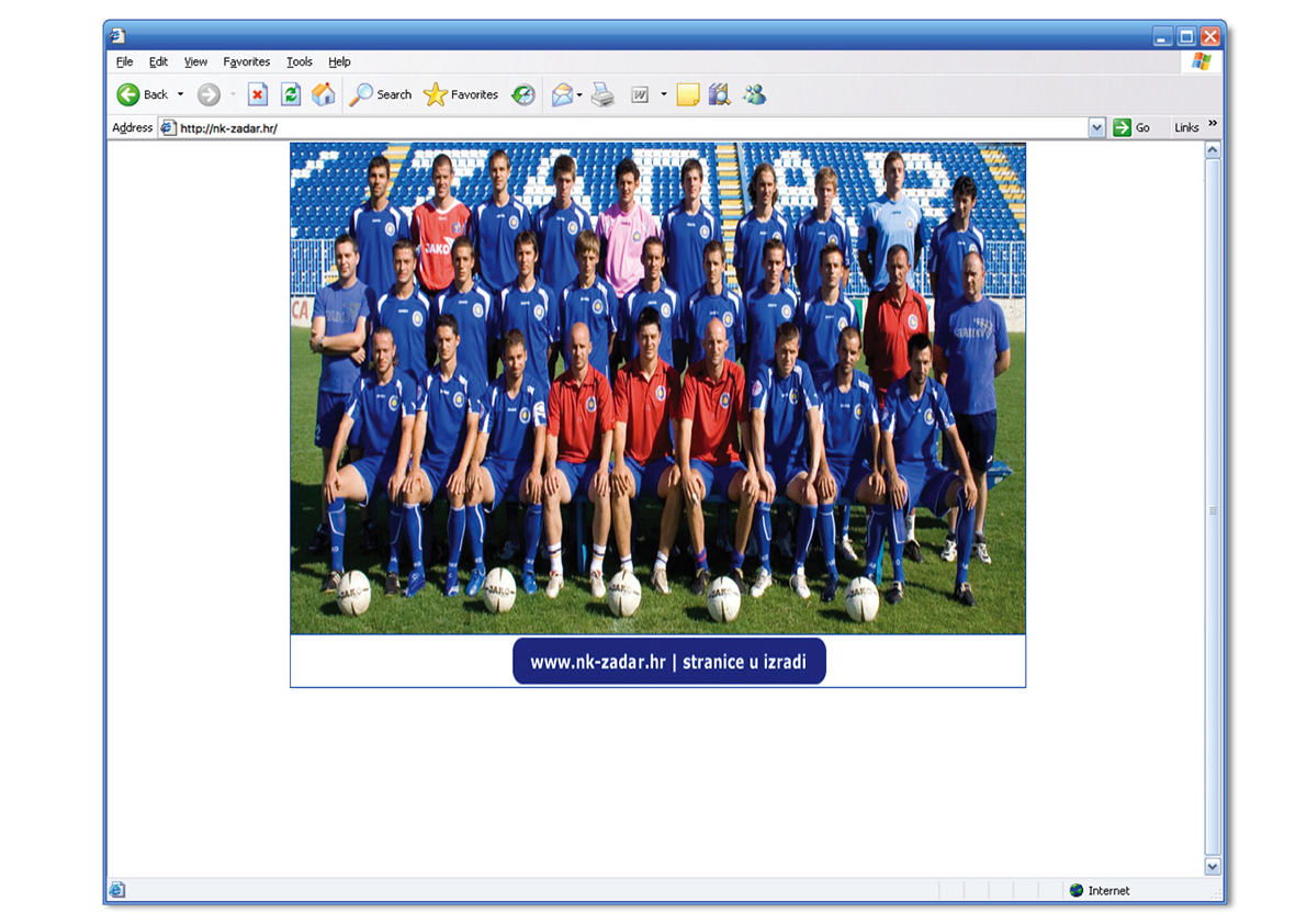 Stranice u izradi: Fenomen “stranica u izradi” bio je česta pojava u ranijem razdoblju interneta. Ovdje je primjer stranice Nogometnog kluba Zadar čija je stranica postojala “u izradi” od 2004. do 2008. godine da nijednom nije promjenila izgled. Osim što je „Grad košarke”, Zadar je od 2018. godine i nezapamćenog uspjeha hrvatskih nogometaša donekle postao i „Grad nogometa”. Međutim, stranice Nogometnog kluba Zadar nisu nikad bile u stanju koje bi odavalo toliku količinu nogometnog talenta u Zadru. (2004.)