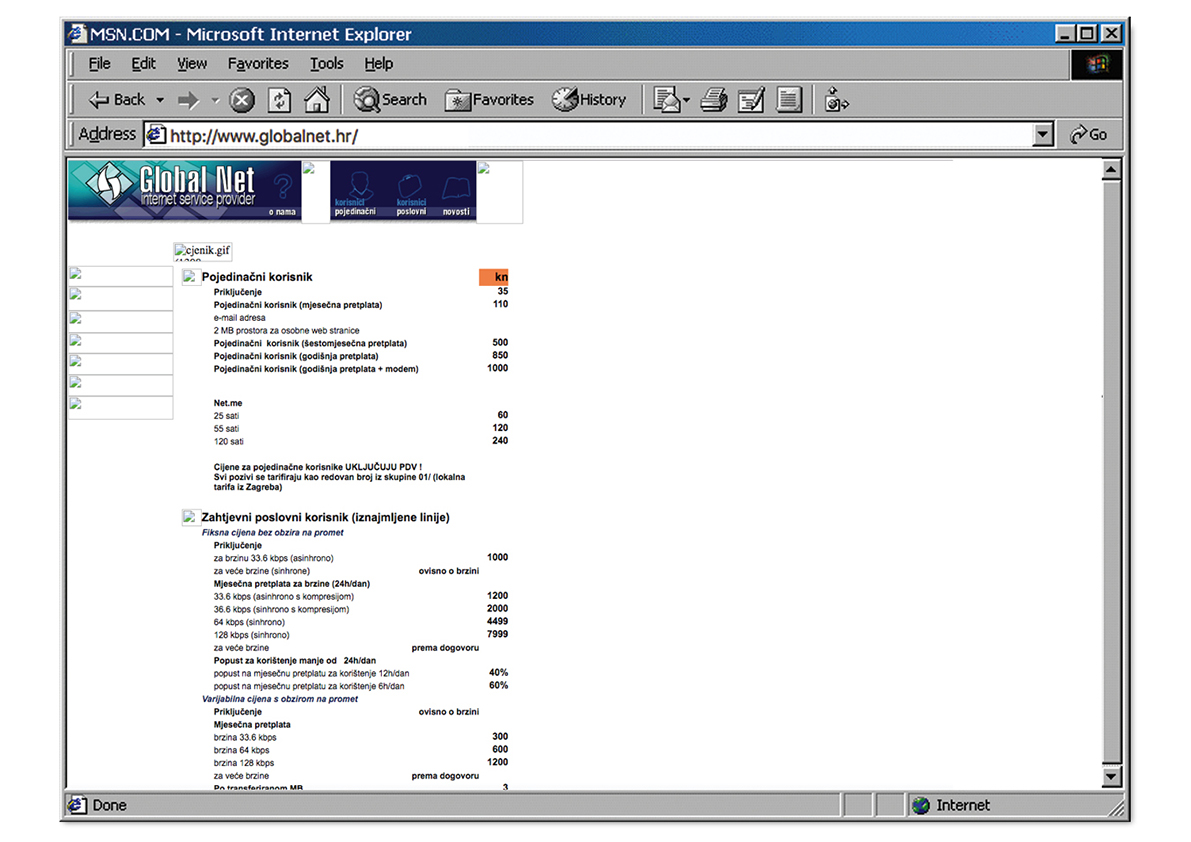 Cijene pristupa: Primjer pregleda troškova uspostave internetske veze i svega što slijedi nakon priključka (pretplata, cijene s obzirom na brzine pristupa...) (2000.)