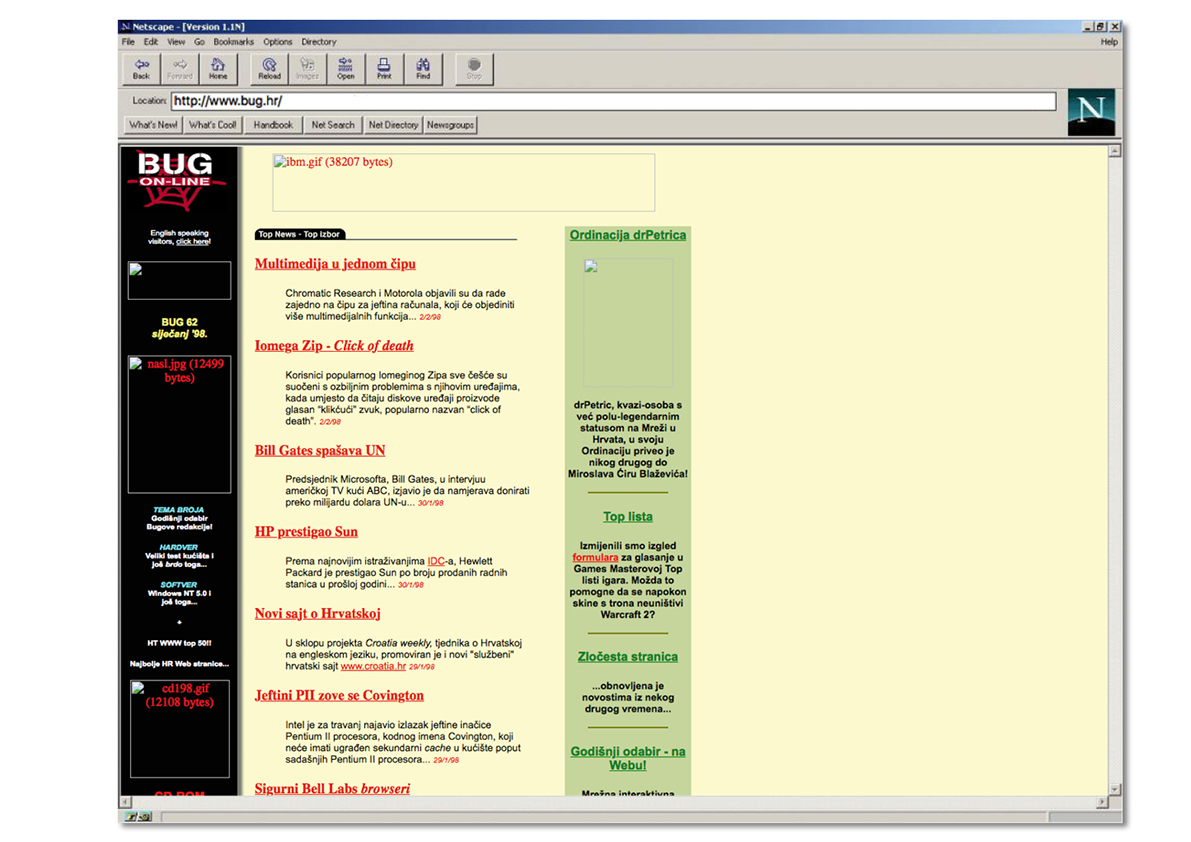 Bug (jedna ne-zadarska stranica): Najuporniji domaći časopis o internetskim tehnologijama “Bug” u svojem web-izdanju iz 1998. (1998.)